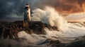 Dramatic painting of a lighthouse with crashing ocean waves at sunset.