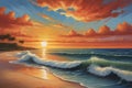 dramatic painting of a Serene beach sunset with waves and palm tree silhouettes under a vibrant sky. Royalty Free Stock Photo