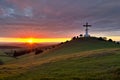 Dramatic Panorama Easter Sunday Morning Sunrise With Cross On Hill Royalty Free Stock Photo