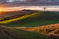 Dramatic Panorama Easter Sunday Morning Sunrise With Cross On Hill Royalty Free Stock Photo