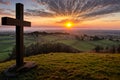 Dramatic Panorama Easter Sunday Morning Sunrise With Cross On Hill Royalty Free Stock Photo