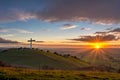 Dramatic Panorama Easter Sunday Morning Sunrise With Cross On Hill Royalty Free Stock Photo