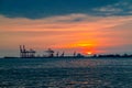 Dramatic panorama evening sky over beautiful port at sunset Royalty Free Stock Photo