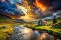A Dramatic Panorama of a StormRavaged Valley Riverfront Home A Remote Cabins Solitude Amidst a Powerful Cloudscape Royalty Free Stock Photo