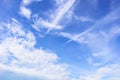 Dramatic panorama view of beautiful soft white clouds and summer morning blue sky. Royalty Free Stock Photo