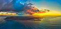 Dramatic panoramic aerial view of the sunrise over the island of Lobos near Corralejo in Fuerteventura Royalty Free Stock Photo