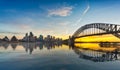 Dramatic panoramic sunset photo Sydney harbor with artificial reflection
