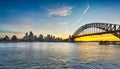 Dramatic panoramic sunset photo Sydney harbor Royalty Free Stock Photo