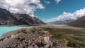 Dramatic panoramic view of a Valley next to Tasman Lake in Mount Cook National Park. New Zealand Royalty Free Stock Photo