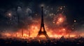 Paris skyline, Eiffel Tower centerpiece, vibrant fireworks, ethereal clouds, city lights, mesmerizing celestial display Royalty Free Stock Photo