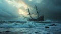 Dramatic Peril: Sinking Sailing Ship Battles Ocean\'s Relentless Wrath Royalty Free Stock Photo