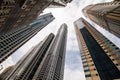 Dramatic perspective with low angle view of skyscrapers looking up to the sky, Dubai Royalty Free Stock Photo