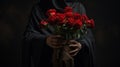 Dramatic Photo Of Black Witch Holding Bouquet Of Black Roses