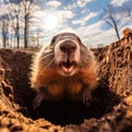 Dramatic photo real wide lens groundhog pops out of hole on groundhog day