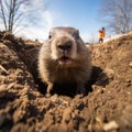 Dramatic photo real wide lens groundhog pops out of hole on groundhog day