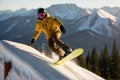 Dramatic photo of a snowboarder executing an intricate trick on a snowy slope, capturing the speed and agility required for