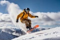 Dramatic photo of a snowboarder executing an intricate trick on a snowy slope, capturing the speed and agility required for