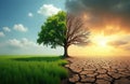 Dramatic photo of a tree split in half showing climate change effect. One side is alive green the other is dead. Global warming Royalty Free Stock Photo