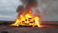 Dramatic photograph of a large stack of black rubber tires burning, creating thick smoke, environmental concept. Royalty Free Stock Photo