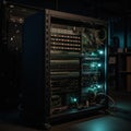 Nighttime Network Server Rack with Blinking LED Lights