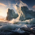 dramatic photograph showcasing power, grandeur of iceberg as it breaks apart. AI Generated, Generative AI