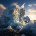 dramatic photograph showcasing power, grandeur of iceberg as it breaks apart. AI Generated, Generative AI
