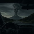 View of Erupting Volcano Through Car Windshield Under Stormy Sky â AI Generated Royalty Free Stock Photo
