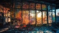 Dramatic Photoshoot: Hot Fire Meteorite Reflection in Abandoned Glass Building