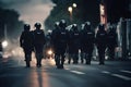 Dramatic Picture of Anti-Riot Special Police Squad Marching Down Road, created with Generative AI technology