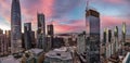 Epic pink, blue and purple sunset of the San Francisco skyline with the bay bridge in the center Royalty Free Stock Photo