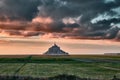 Pink sunset over Mont Saint Michel, Normandy, France Royalty Free Stock Photo