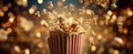 The Dramatic Popcorn Burst in a Striped Container Against a Festive Background.AI generated image Royalty Free Stock Photo