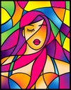 Dramatic portrait attractive girl with styling violet hair in stained glass style Royalty Free Stock Photo