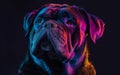 Dramatic portrait of a Boxer dog with a vibrant, colorful light display that accentuates its features against a dark