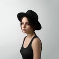 Dramatic portrait of a girl theme: portrait of a beautiful young girl in a black hat and a black shirt on gray background Royalty Free Stock Photo