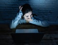 Scared woman on laptop in the dark feeling fear suffering online harassment and cyberbullying Royalty Free Stock Photo