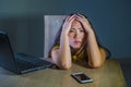 Dramatic portrait scared and stressed Asian Korean teen girl or young woman with laptop computer and mobile phone suffering cyber Royalty Free Stock Photo