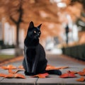 A dramatic portrait of a sleek black cat against a backdrop of autumn leaves3