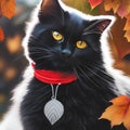 A dramatic portrait of a sleek black cat against a backdrop of autumn leaves2