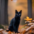 A dramatic portrait of a sleek black cat against a backdrop of autumn leaves1