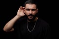 A dramatic portrait of a young serious guy, musician, singer, rapper with a beard in black clothes on a black isolated background