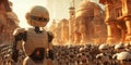 A dramatic portrayal of a man commanding an army of AI robots his gestures weaving through the air as he shapes their actions in