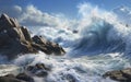 The dramatic and powerful surge of ocean waves crashing against the rugged rocky shores. Generative AI