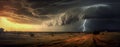 dramatic and powerful tornado. Lightning thunderstorm flash over the night sky. Generative AI Royalty Free Stock Photo