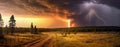 dramatic and powerful tornado. Lightning thunderstorm flash over the night sky. Generative AI Royalty Free Stock Photo