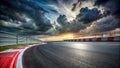 Dramatic race track sunset with storm clouds overhead and red and white curbing. Generative AI Royalty Free Stock Photo