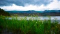 Dramatic rainy sky over Lake Baikal on a summer day.