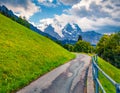 Dramatic rainy view of Lauterbrunnen village. Beautiful outdoor scene in Swiss Alps, Bernese Oberland