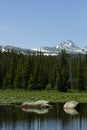 Dramatic Red Rock Lake with huge stones, forest, and mountains Royalty Free Stock Photo