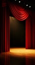 Dramatic red stage curtains with spotlight on empty wooden stage Royalty Free Stock Photo